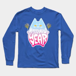 Happy New Year Cat Celebration #4 Pastel Blue Pink Long Sleeve T-Shirt